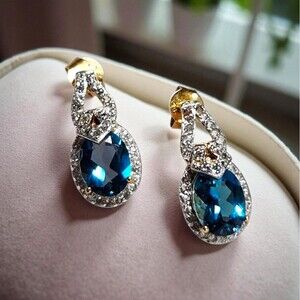 Sterling Silver 925 Blue Lab Created  Sapphire White Topaz Dangle Earrings Italy